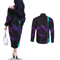Strike Bowling Graphic Couples Matching Off The Shoulder Long Sleeve Dress and Long Sleeve Button Shirt with Purple Black Marble Texture and Custom Team Name - Wonder Print Shop