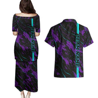 Strike Bowling Graphic Couples Matching Puletasi and Hawaiian Shirt with Purple Black Marble Texture and Custom Team Name - Wonder Print Shop
