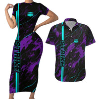 Strike Bowling Graphic Couples Matching Short Sleeve Bodycon Dress and Hawaiian Shirt with Purple Black Marble Texture and Custom Team Name - Wonder Print Shop