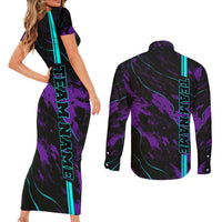 Strike Bowling Graphic Couples Matching Short Sleeve Bodycon Dress and Long Sleeve Button Shirt with Purple Black Marble Texture and Custom Team Name - Wonder Print Shop