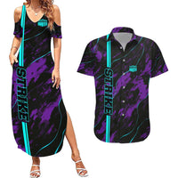 Strike Bowling Graphic Couples Matching Summer Maxi Dress and Hawaiian Shirt with Purple Black Marble Texture and Custom Team Name - Wonder Print Shop