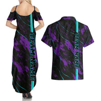 Strike Bowling Graphic Couples Matching Summer Maxi Dress and Hawaiian Shirt with Purple Black Marble Texture and Custom Team Name - Wonder Print Shop