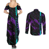 Strike Bowling Graphic Couples Matching Summer Maxi Dress and Long Sleeve Button Shirt with Purple Black Marble Texture and Custom Team Name - Wonder Print Shop