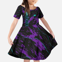 Strike Bowling Graphic Family Matching Long Sleeve Bodycon Dress and Hawaiian Shirt with Purple Black Marble Texture and Custom Team Name - Wonder Print Shop