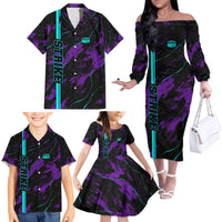 Strike Bowling Graphic Family Matching Off The Shoulder Long Sleeve Dress and Hawaiian Shirt with Purple Black Marble Texture and Custom Team Name - Wonder Print Shop