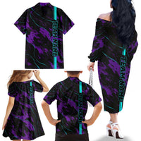 Strike Bowling Graphic Family Matching Off The Shoulder Long Sleeve Dress and Hawaiian Shirt with Purple Black Marble Texture and Custom Team Name - Wonder Print Shop