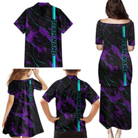 Strike Bowling Graphic Family Matching Puletasi and Hawaiian Shirt with Purple Black Marble Texture and Custom Team Name - Wonder Print Shop