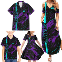 Strike Bowling Graphic Family Matching Summer Maxi Dress and Hawaiian Shirt with Purple Black Marble Texture and Custom Team Name - Wonder Print Shop