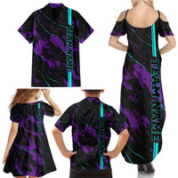 Strike Bowling Graphic Family Matching Summer Maxi Dress and Hawaiian Shirt with Purple Black Marble Texture and Custom Team Name - Wonder Print Shop