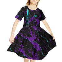 Strike Bowling Graphic Kid Short Sleeve Dress with Purple Black Marble Texture and Custom Team Name - Wonder Print Shop