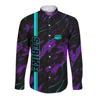 Strike Bowling Graphic Long Sleeve Button Shirt with Purple Black Marble Texture and Custom Team Name - Wonder Print Shop