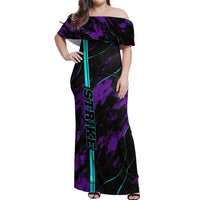 Strike Bowling Graphic Off Shoulder Maxi Dress with Purple Black Marble Texture and Custom Team Name - Wonder Print Shop