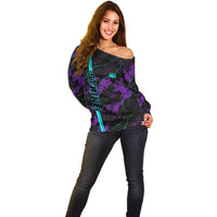 Strike Bowling Graphic Off Shoulder Sweater with Purple Black Marble Texture and Custom Team Name - Wonder Print Shop