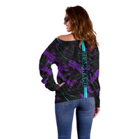 Strike Bowling Graphic Off Shoulder Sweater with Purple Black Marble Texture and Custom Team Name - Wonder Print Shop