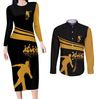 Bowling Player Silhouette Couples Matching Long Sleeve Bodycon Dress and Long Sleeve Button Shirt with Gold Strike Motion and Custom Team Name Design - Wonder Print Shop