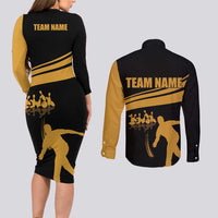 Bowling Player Silhouette Couples Matching Long Sleeve Bodycon Dress and Long Sleeve Button Shirt with Gold Strike Motion and Custom Team Name Design - Wonder Print Shop