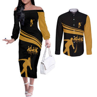 Bowling Player Silhouette Couples Matching Off The Shoulder Long Sleeve Dress and Long Sleeve Button Shirt with Gold Strike Motion and Custom Team Name Design - Wonder Print Shop