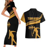 Bowling Player Silhouette Couples Matching Short Sleeve Bodycon Dress and Hawaiian Shirt with Gold Strike Motion and Custom Team Name Design - Wonder Print Shop