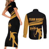 Bowling Player Silhouette Couples Matching Short Sleeve Bodycon Dress and Long Sleeve Button Shirt with Gold Strike Motion and Custom Team Name Design - Wonder Print Shop