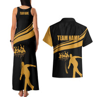Bowling Player Silhouette Couples Matching Tank Maxi Dress and Hawaiian Shirt with Gold Strike Motion and Custom Team Name Design - Wonder Print Shop