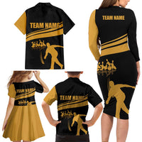 Bowling Player Silhouette Family Matching Long Sleeve Bodycon Dress and Hawaiian Shirt with Gold Strike Motion and Custom Team Name Design - Wonder Print Shop