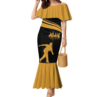 Bowling Player Silhouette Family Matching Mermaid Dress and Hawaiian Shirt with Gold Strike Motion and Custom Team Name Design - Wonder Print Shop