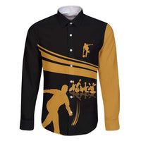 Bowling Player Silhouette Family Matching Off The Shoulder Long Sleeve Dress and Hawaiian Shirt with Gold Strike Motion and Custom Team Name Design - Wonder Print Shop