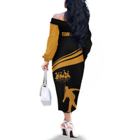 Bowling Player Silhouette Family Matching Off The Shoulder Long Sleeve Dress and Hawaiian Shirt with Gold Strike Motion and Custom Team Name Design - Wonder Print Shop