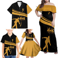 Bowling Player Silhouette Family Matching Off Shoulder Maxi Dress and Hawaiian Shirt with Gold Strike Motion and Custom Team Name Design - Wonder Print Shop