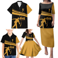 Bowling Player Silhouette Family Matching Puletasi and Hawaiian Shirt with Gold Strike Motion and Custom Team Name Design - Wonder Print Shop