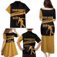 Bowling Player Silhouette Family Matching Puletasi and Hawaiian Shirt with Gold Strike Motion and Custom Team Name Design - Wonder Print Shop