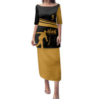 Bowling Player Silhouette Family Matching Puletasi and Hawaiian Shirt with Gold Strike Motion and Custom Team Name Design - Wonder Print Shop