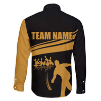 Bowling Player Silhouette Family Matching Short Sleeve Bodycon Dress and Hawaiian Shirt with Gold Strike Motion and Custom Team Name Design - Wonder Print Shop