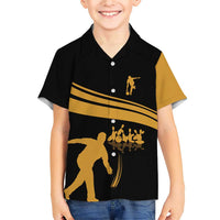 Bowling Player Silhouette Family Matching Short Sleeve Bodycon Dress and Hawaiian Shirt with Gold Strike Motion and Custom Team Name Design - Wonder Print Shop