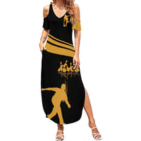 Bowling Player Silhouette Family Matching Summer Maxi Dress and Hawaiian Shirt with Gold Strike Motion and Custom Team Name Design - Wonder Print Shop
