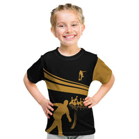 Bowling Player Silhouette Kid T Shirt with Gold Strike Motion and Custom Team Name Design - Wonder Print Shop