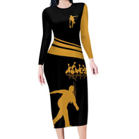 Bowling Player Silhouette Long Sleeve Bodycon Dress with Gold Strike Motion and Custom Team Name Design - Wonder Print Shop