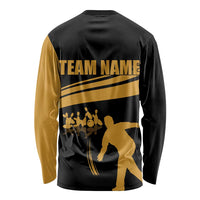 Bowling Player Silhouette Long Sleeve Shirt with Gold Strike Motion and Custom Team Name Design - Wonder Print Shop