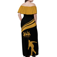 Bowling Player Silhouette Off Shoulder Maxi Dress with Gold Strike Motion and Custom Team Name Design - Wonder Print Shop