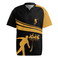 Bowling Player Silhouette Rugby Jersey with Gold Strike Motion and Custom Team Name Design - Wonder Print Shop