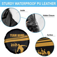 Bowling Player Silhouette Spare Tire Cover with Gold Strike Motion and Custom Team Name Design - Wonder Print Shop