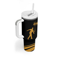 Bowling Player Silhouette Tumbler With Handle with Gold Strike Motion and Custom Team Name Design - Wonder Print Shop