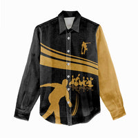 Bowling Player Silhouette Women Casual Shirt with Gold Strike Motion and Custom Team Name Design - Wonder Print Shop