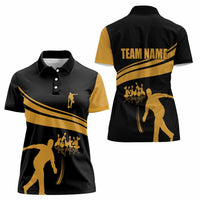 Bowling Player Silhouette Women Polo Shirt with Gold Strike Motion and Custom Team Name Design - Wonder Print Shop
