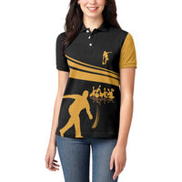 Bowling Player Silhouette Women Polo Shirt with Gold Strike Motion and Custom Team Name Design - Wonder Print Shop