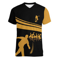 Bowling Player Silhouette Women V-Neck T-Shirt with Gold Strike Motion and Custom Team Name Design - Wonder Print Shop