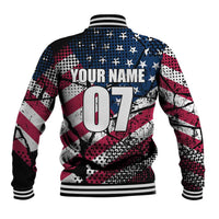Motocross Rider Baseball Jacket with American Flag Grunge Pattern and Custom Name Number - Wonder Print Shop