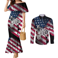 Motocross Rider Couples Matching Mermaid Dress and Long Sleeve Button Shirt with American Flag Grunge Pattern and Custom Name Number - Wonder Print Shop