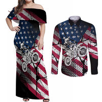 Motocross Rider Couples Matching Off Shoulder Maxi Dress and Long Sleeve Button Shirt with American Flag Grunge Pattern and Custom Name Number - Wonder Print Shop