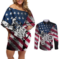 Motocross Rider Couples Matching Off Shoulder Short Dress and Long Sleeve Button Shirt with American Flag Grunge Pattern and Custom Name Number - Wonder Print Shop